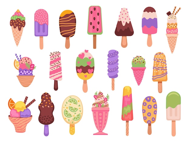 Ice cream. Cartoon summer dessert, popsicles, fruit frozen juice and yogurt, watermelon sorbet. Chocolate creams with sprinkles vector set. Illustration ice cream chocolate and cone waffle