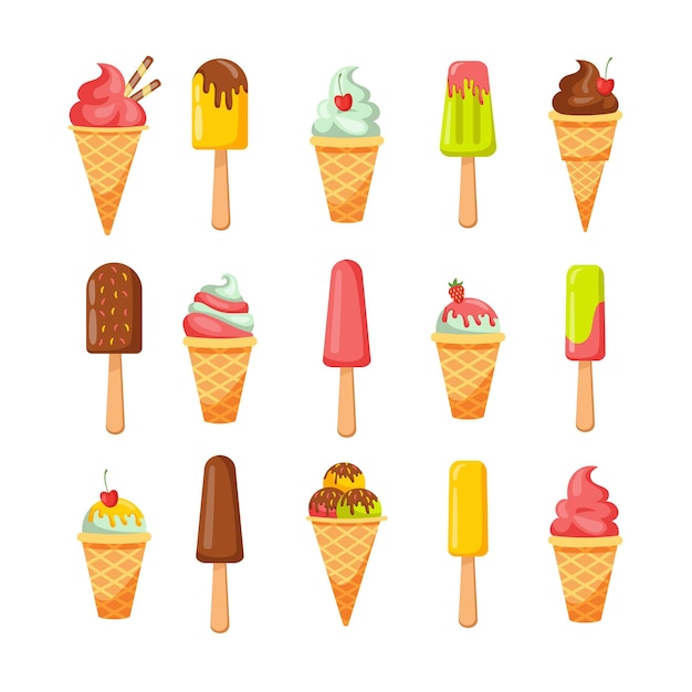 Ice cream Cartoon summer milk ice cream Vector isolated fun milk candy with chocolate strawberry and yogurt