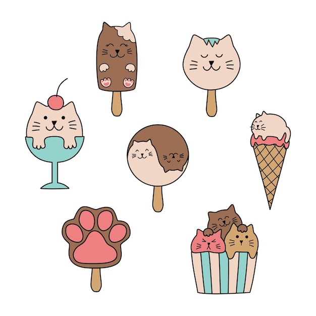 Ice cream cats vector doodle set