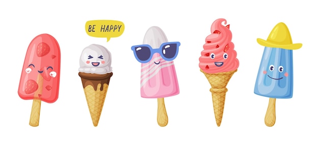 Ice cream characters set sweet tasty desserts colorful popsicles with cute smiling faces cartoon