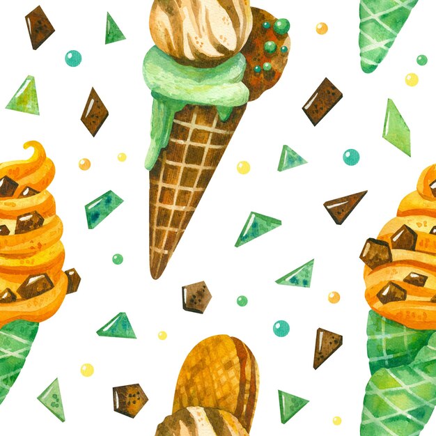 Ice cream and chocolate chips seamless pattern summer watercolor desserts