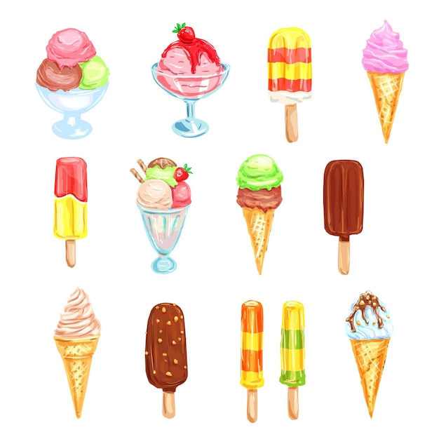 Vector ice cream cold dessert food watercolor set