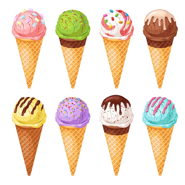 Коллекция мороженого, набор различных красочных шариков с разными вкусами, вафельный рожок, летний десерт