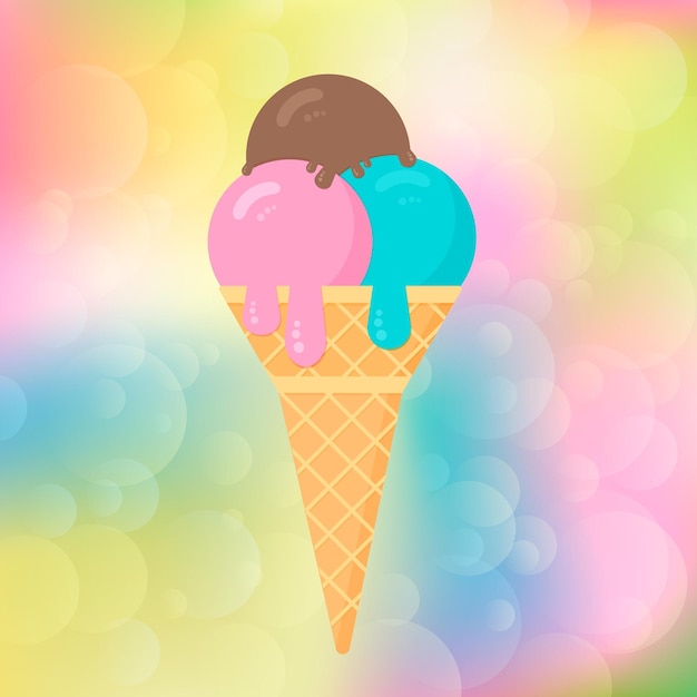 Ice cream on a colorful blurred bokeh background Cartoon icecream cone in flat style Concept of desserts Summer vector illustration Italian Gelato