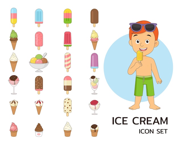 Плоские значки концепции мороженого.