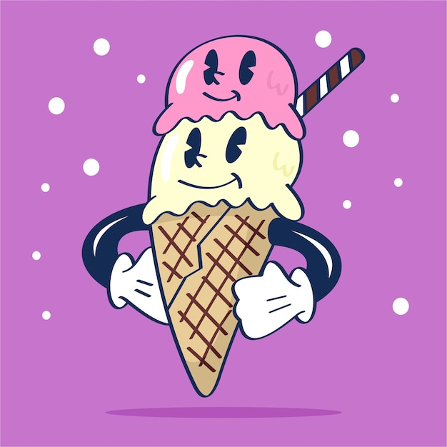 Ice Cream Cone Akimbo Pose with Cute Expression Vector Hand Drawing Illustration Cartoon Character