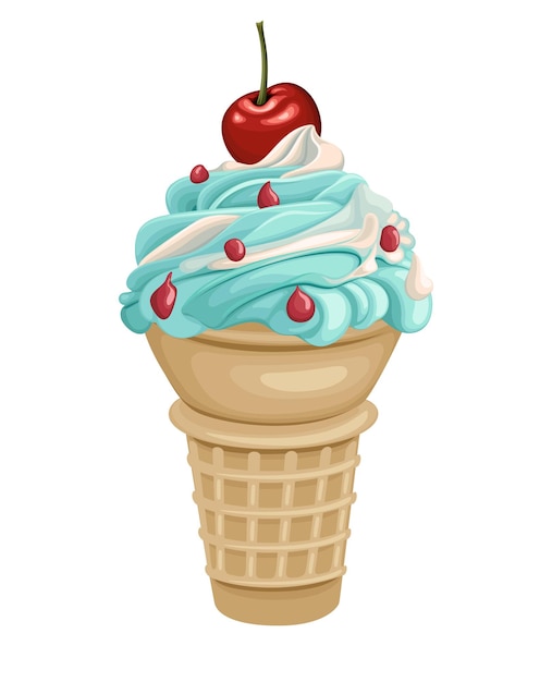 Vector ice cream cone blue cream cherry sweet food cold drink vector illustratie