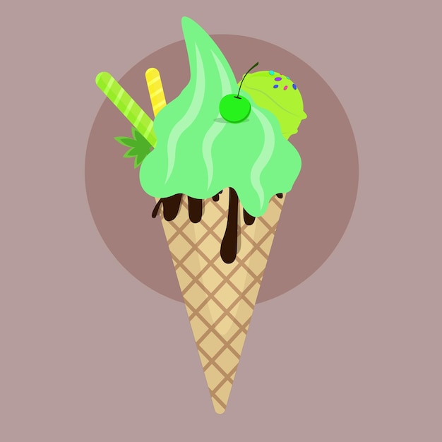 Ice cream in a cone flat cartoon illustration green cherry