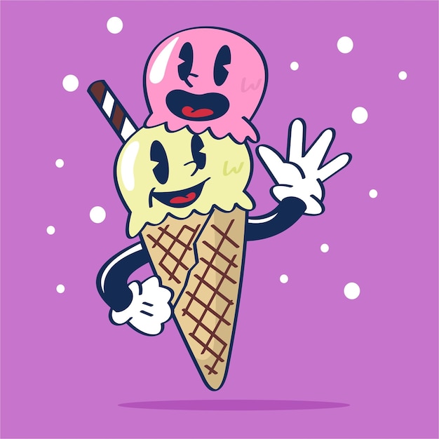 Vector ice cream cone say hello with cute expression vector hand drawing illustration cartoon character