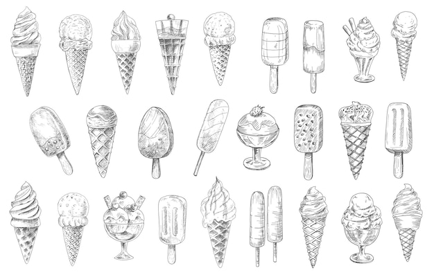 Вектор Десерт из мороженого с мороженым и эскизы палочек