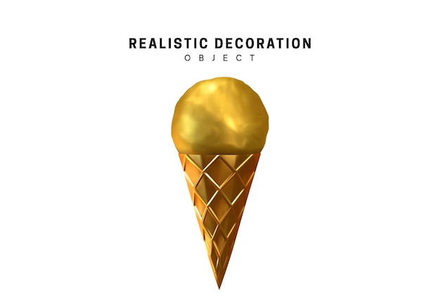 Ice cream cone. Sweet dessert. 3d realistic golden icecream. vector illustration.