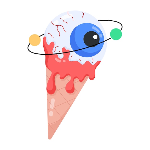 An ice cream cone with a ball of blood on it and a black eye on it.