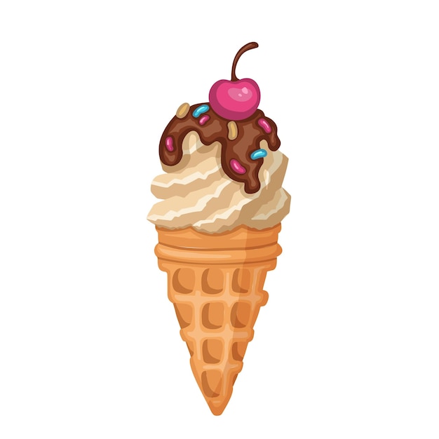 Vector ice cream cone with chocolate topping sprinkles and cherry sorbet vector illustration