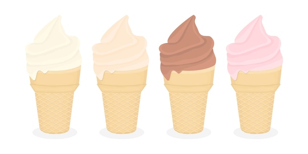 Vettore cono gelato con set di illustrazioni di gusti diversi