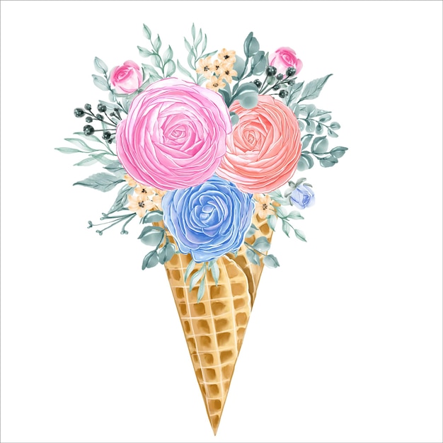 Ice cream cone with ranunculus flowers sweet