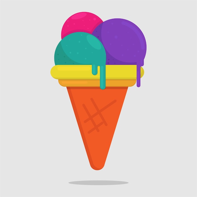 An ice cream cone with a red purple and blue ice cream cone on it