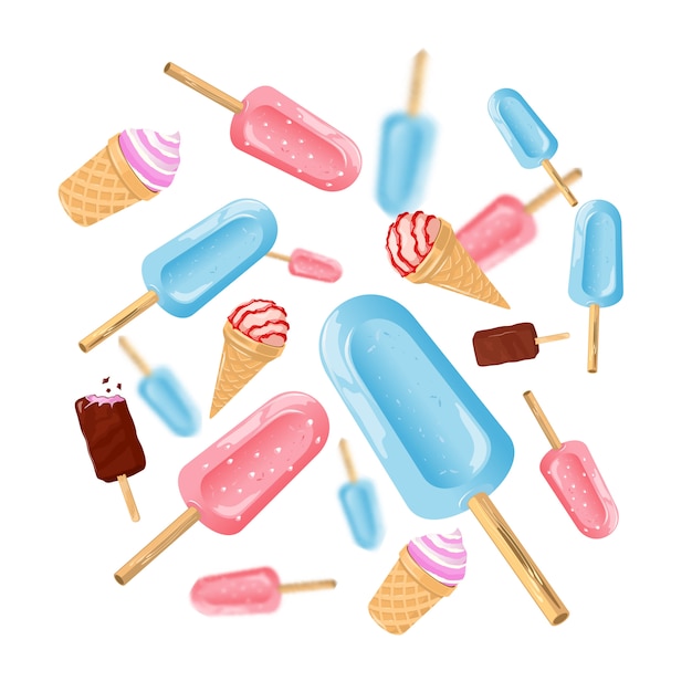 Vector ice cream cones and ice popsicles