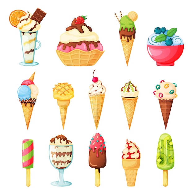 Vector ice cream cones topped with sprinkles, fruits, syrup, nuts. tasty fruit ice, kiwi popsicle. vanilla and chocolate sundae. cartoon summer dessert set.