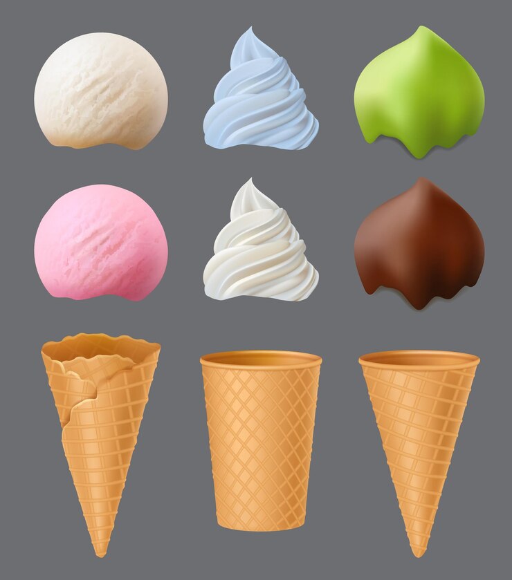 Vector ice cream constructor delicious cold desserts frozen yogurt in cones decent vector realistic creation kit of ice cream