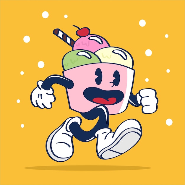 Ice Cream Cup Running with Happy Expression Vector Hand Drawing