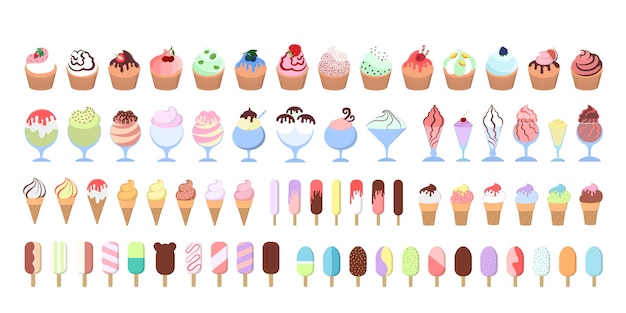 Vector ice cream and cupcake set. collection of delicious dessert