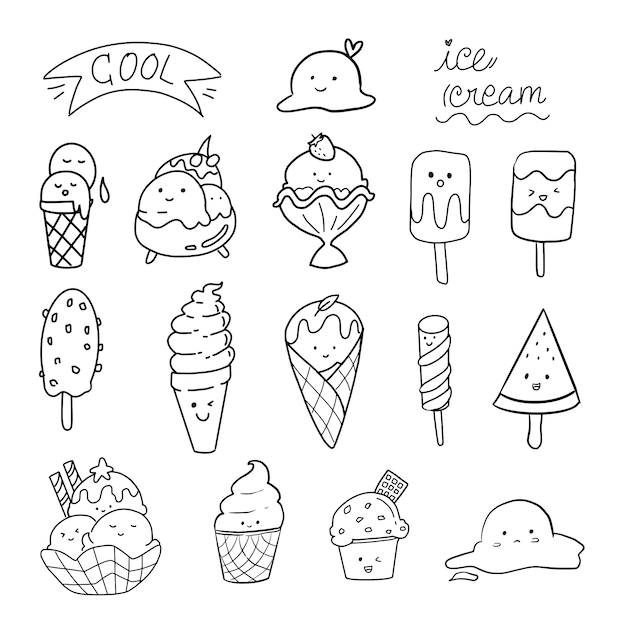 Vector ice cream cute doodle set collection kawaii