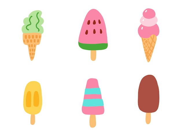 Ice cream dessert set Cute cartoon vector illustration popsicle ice cream chocolate watermelon ice