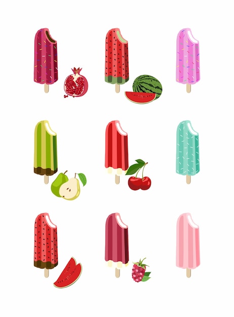 아이스크림 디저트 세트 또는 컬렉션 냉동 및 차가운 수박 포도 진주 체리 라즈베리