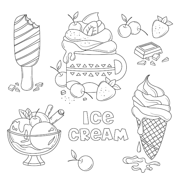 Vector ice cream of different shapes coloring book