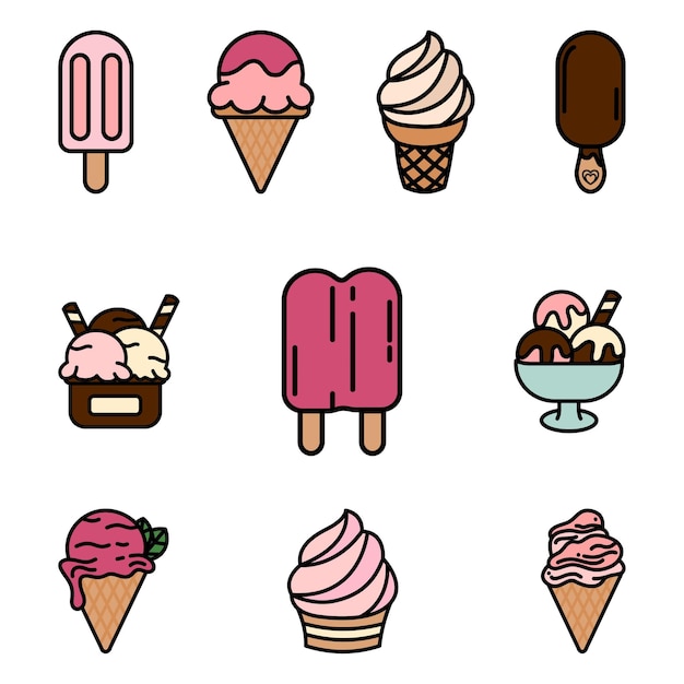 Vector ice cream and drink cute flat line illustration