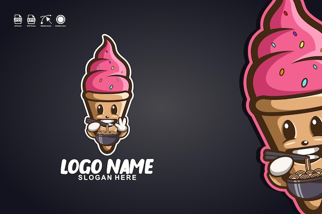 Vector ice cream eating ramen cute mascot character logo design