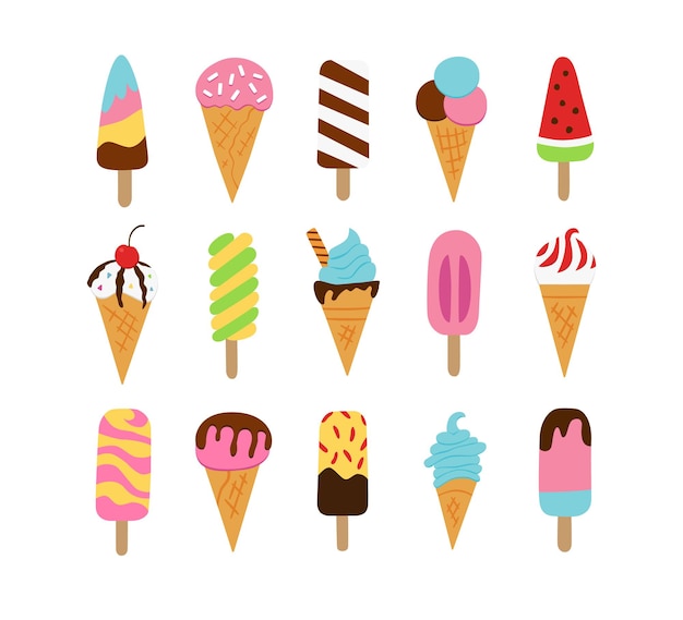 Cono di cialda eschimese gelato set di gelati in stile doodle e cartone animato illustrazione vettoriale è