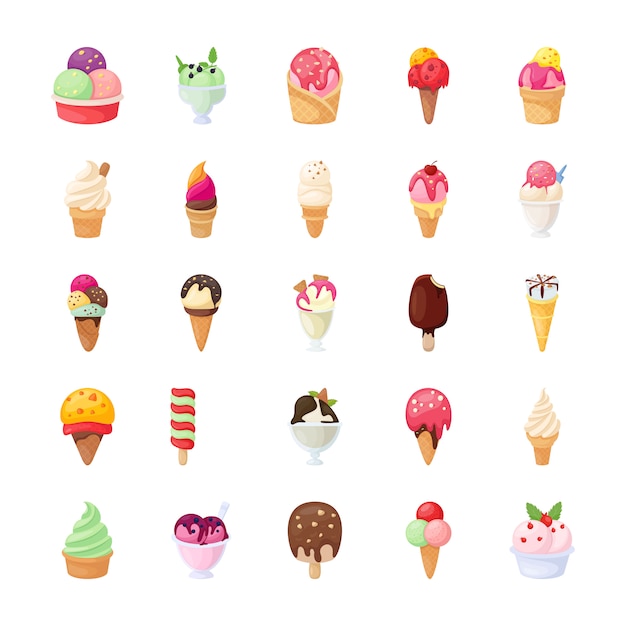 Ice cream flat vector icons set