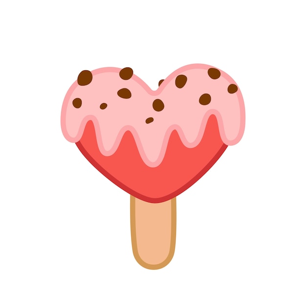 Ice cream in form of heart with glaze and chocolate chips Valentines day Cartoon vector eps 10