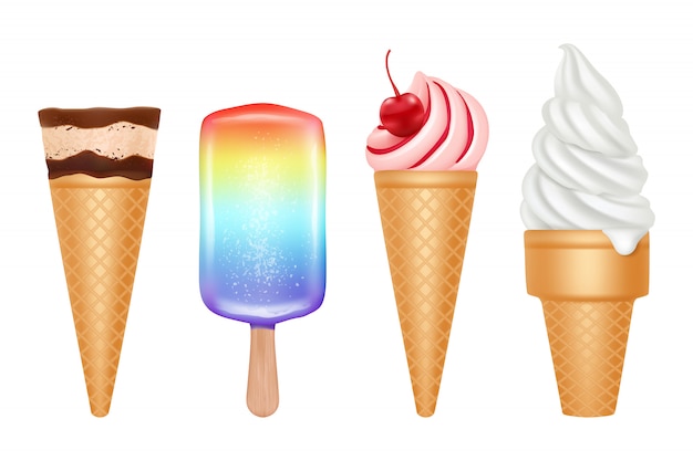 Ice cream. frozen dessert in hot summer vanilla strawberry and chocolate ice cream with toppings  realistic collection