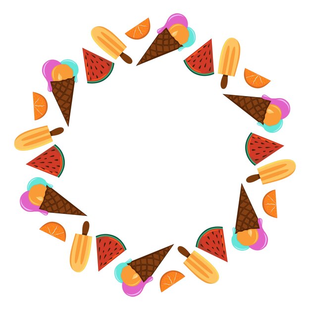 Ice cream and fruits vector round frame illustration