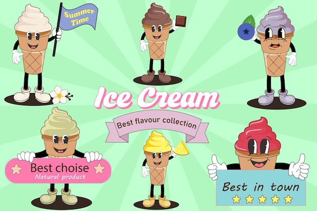 Ice Cream groovy characters set with different tastes and motivational quotes Vector illustration