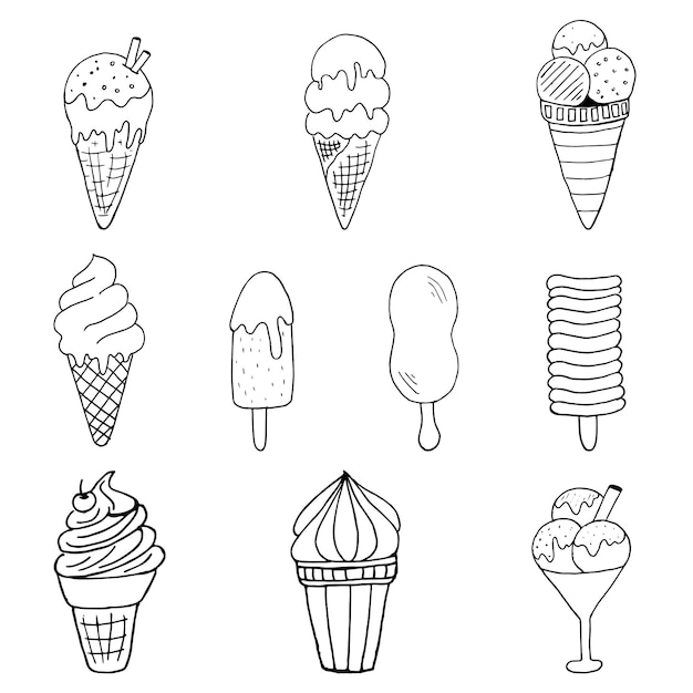 Vettore set di oggetti di illustrazione vettoriale disegnato a mano di gelato