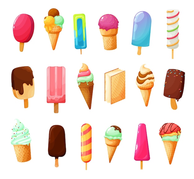 Ice cream icons waffle cones chocolate desserts