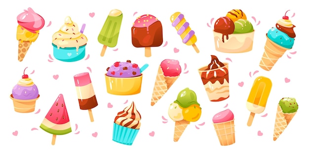 ベクトル アイスクリームは、甘い食べ物とアイスクリームのポスターのさまざまな種類のベクトルアイコンの大規模なセットです
