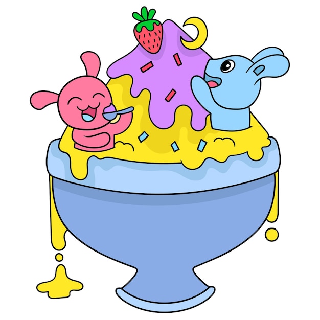 Ice cream in a large bowl filled with rabbits playing, vector illustration art. doodle icon image kawaii.