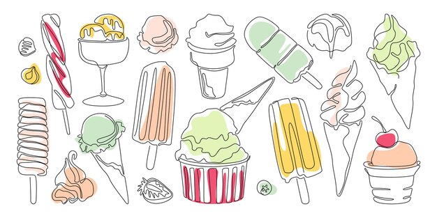 Vector ice cream in line art illustrations tasty creamy desserts fruit sorbet and vanilla and strawberry cones with balls