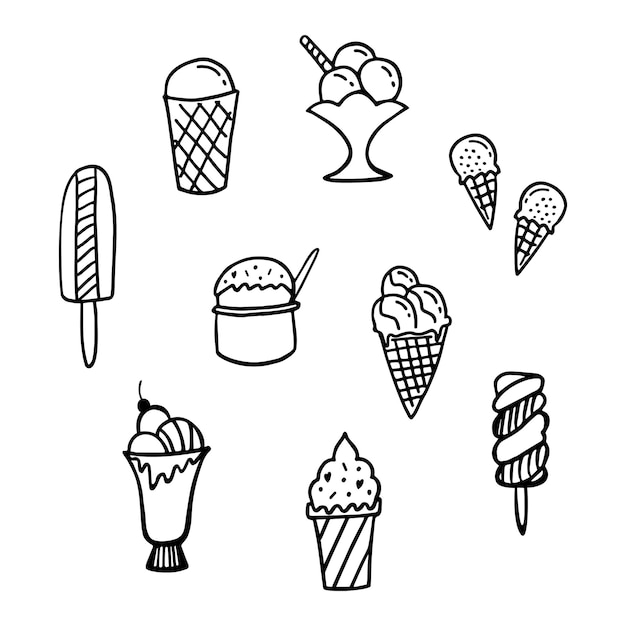 Набор каракулей из линии мороженого девять различных видов мороженого, эскимо, мороженое, взбитые сливки, мороженое с мороженым, мягкая подача