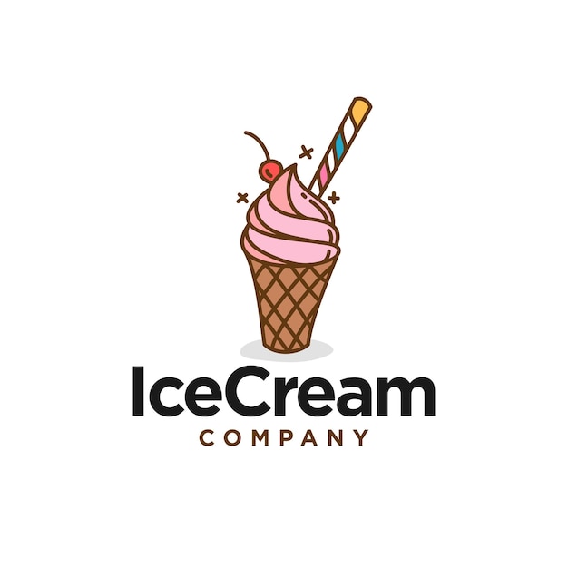 ice cream logo design cute pink ice cream with cherry and candy logo cartoon sticker illustration