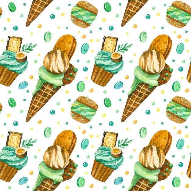 Ice cream macaroons cupcakes and candy seamless pattern summer desserts