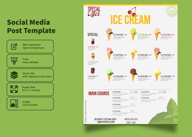 Vettore menu gelato con offerte multiple e modello di post sui social media per gelateria