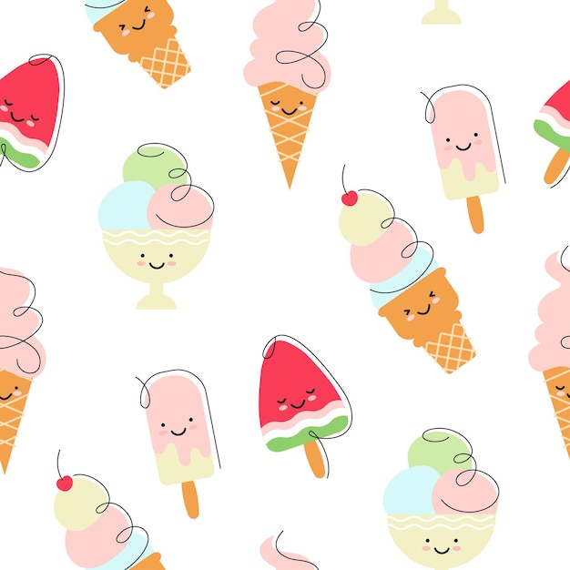 Ice cream in a naive cartoon style makes a seamless pattern