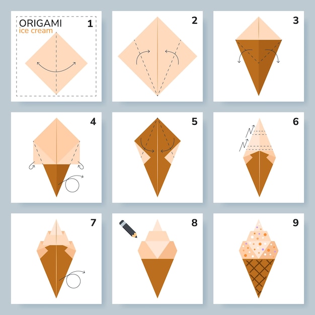 Схема оригами для мороженого Учебное пособие по движущейся модели Оригами для детей Шаг за шагом