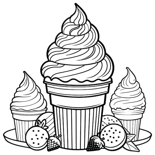 Ice cream outline coloring page illustration for children and adult