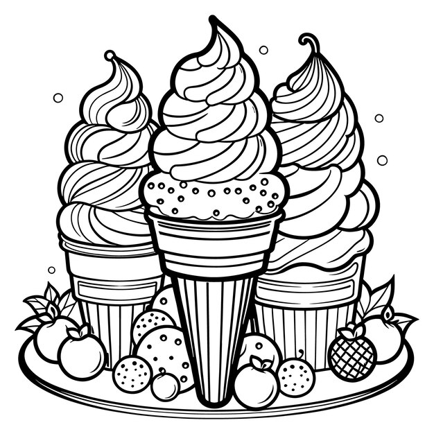 Vector ice cream outline coloring page illustration for children and adult